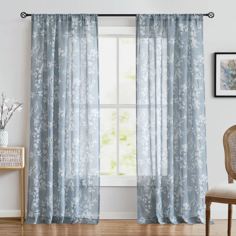 FMFUNCTEX Linen Sheer Curtains for Bedroom, Blue White Blossom Print Curtains 96 Inches Long for Living Room,Floral Patterned Farmhouse Curtain Light Filtering Window Drapes 2 Panels, Rod Pocket - Image 2